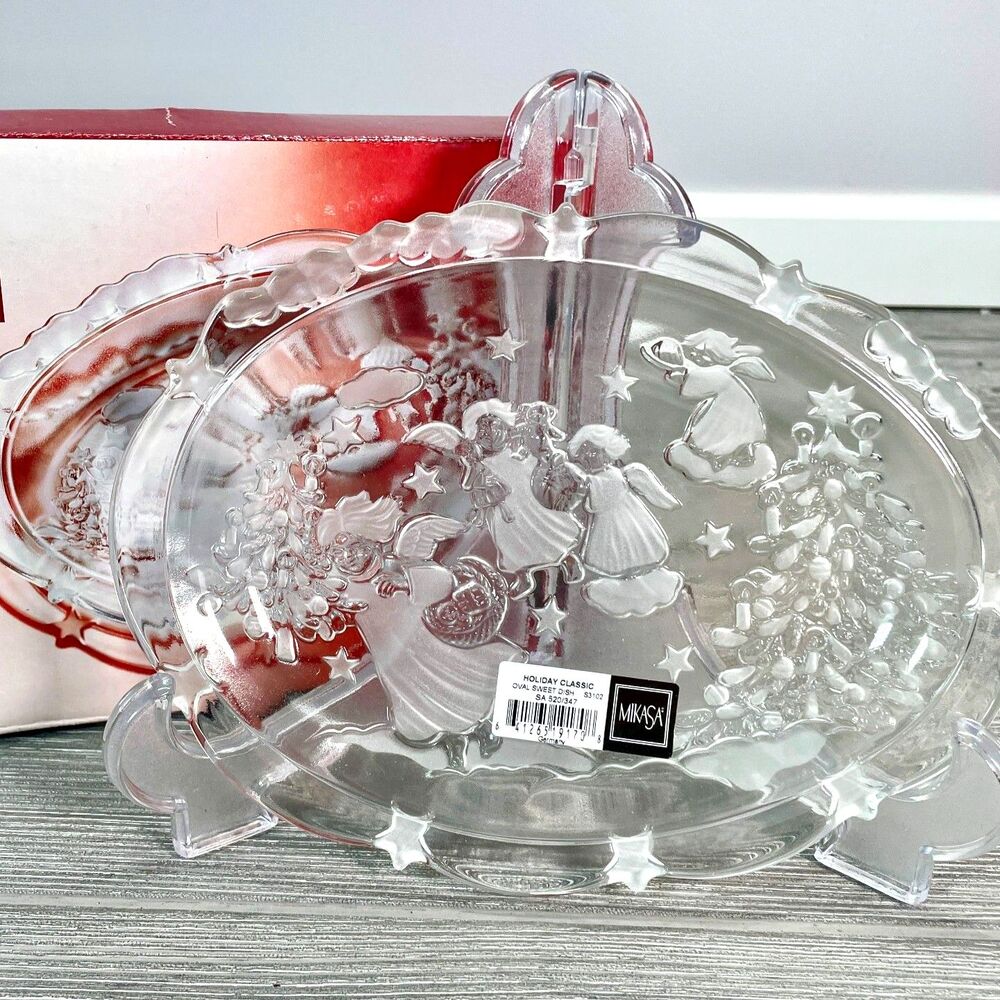 Vintage Mikasa Holiday Classics 9in Oval Sweet Dish Crystal Angels Christmas NEW